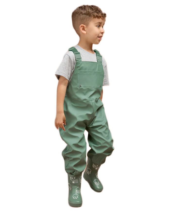 Khaki coloured Grass & Air Childrens Rainster Waterproof Dungaree on white background  #colour_khaki-green