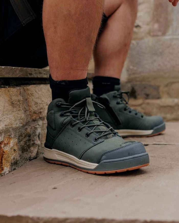 Olive Coloured Hard Yakka  Mens 3056 Lace Zip Safety Boots on Stairs Background
#colour_olive