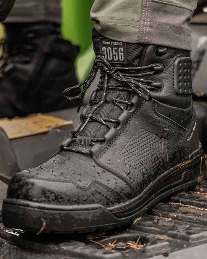 Black Coloured Hard Yakka  Mens 3056 Lace Zip Safety Boots on Outdoor Background
#colour_black