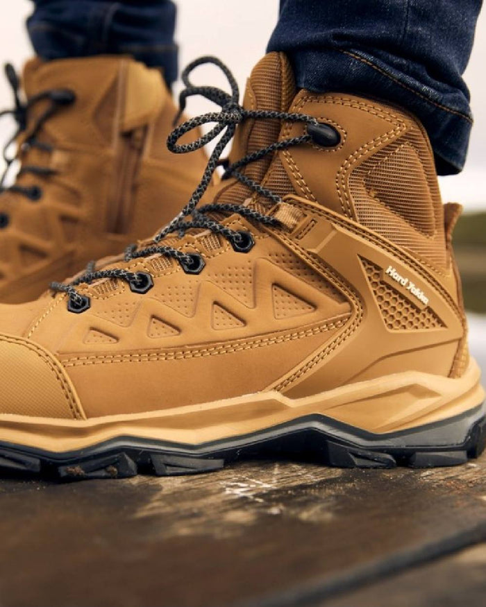 Wheat Coloured Hard Yakka Mens Atomic PR Hybrid Side Zip Safety Boots on Outdoor Background
#colour_wheat