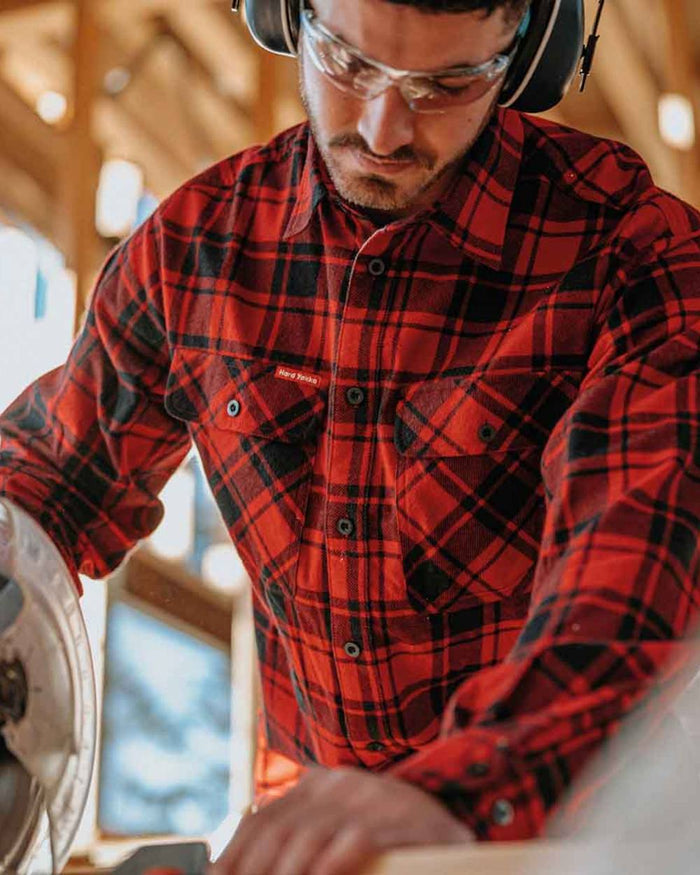 Red Coloured Hard Yakka Mens Lightweight Check Flannel Shirt on Construction Background
#colour_red