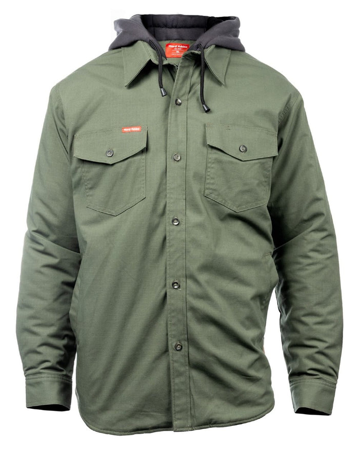 Military Green coloured Hard Yakka Mens Quilted Solid Shacket on white background #colour_military-green
