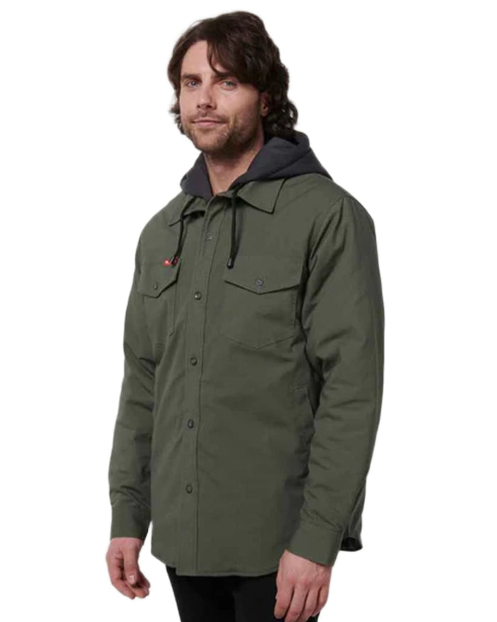 Military Green coloured Hard Yakka Mens Quilted Solid Shacket on white background #colour_military-green