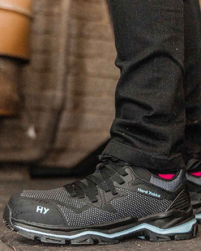 Black Blue Coloured Hard Yakka Womens Icon Safety Trainers on Outdoor Background
#colour_black-blue