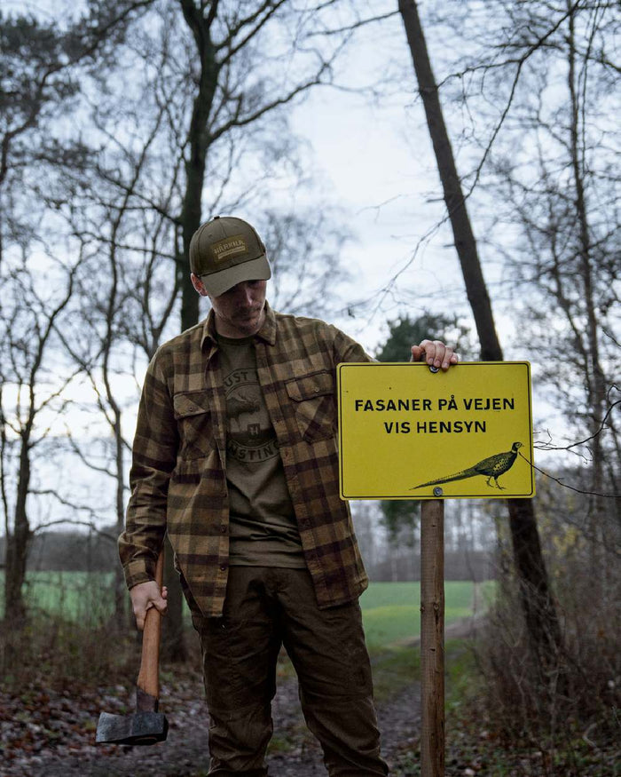 Beech Green Check coloured Harkila Asmund Long Sleeve Shirt on woodland background #colour_beech-green-check