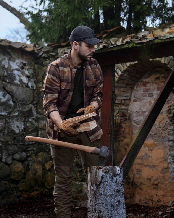 Rust Brown Check coloured Harkila Asmund Long Sleeve Shirt on yard background #colour_rust-brown-check