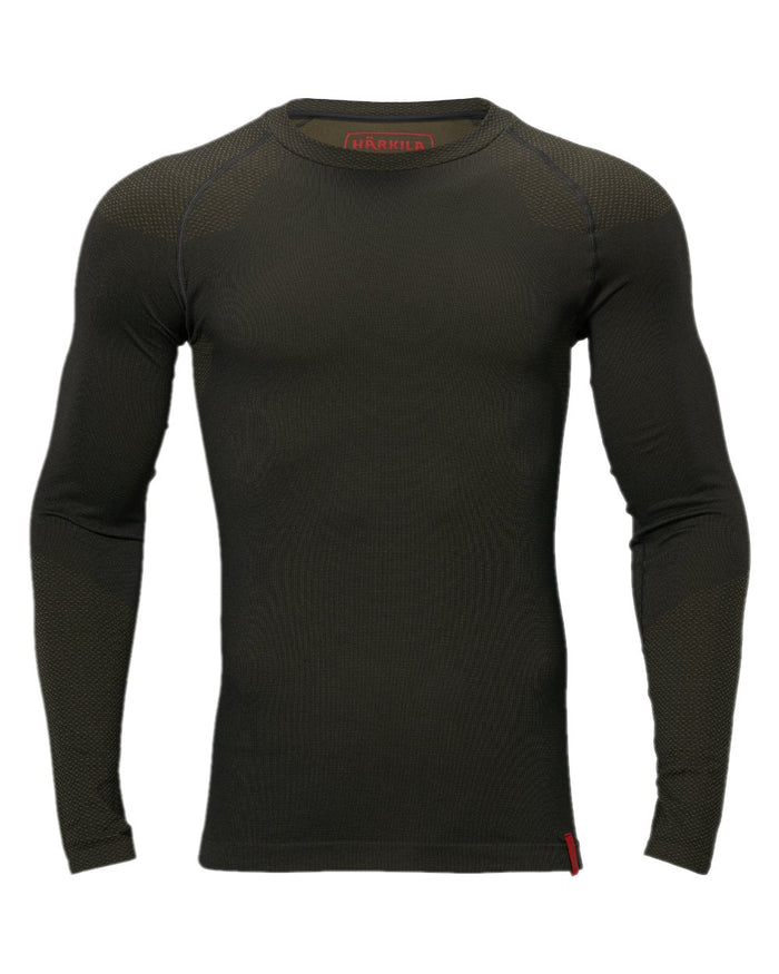Dark Willow Green Coloured Harkila Base Active Long Sleeve O-Neck on white background #colour_dark-willow-green