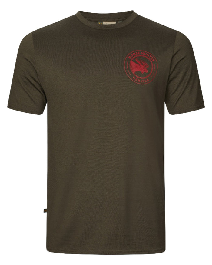 Willow Green Moose Coloured Harkila Game Short Sleeve T-Shirt on white background #colour_willow-green-moose