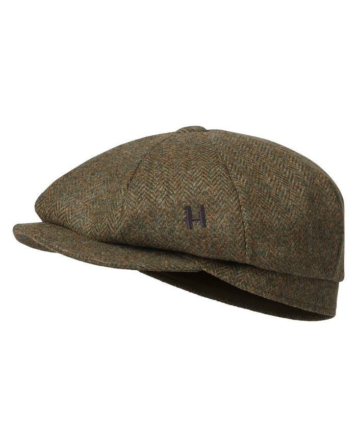 Forest Green Herringbone Coloured Harkila Kenmore Classic Baker Boy Cap on white background #colour_forest-green-herringbone