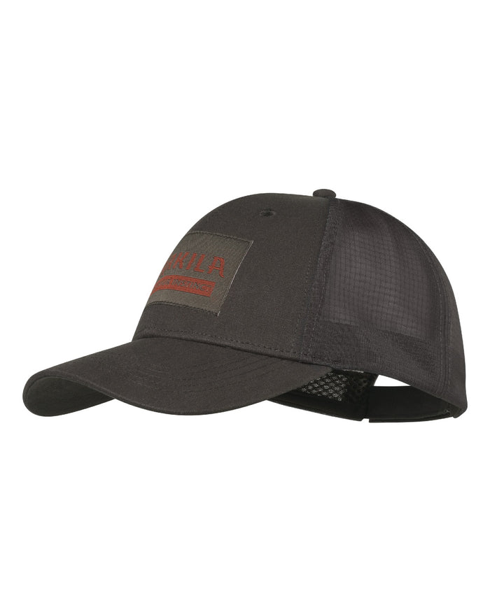 A dark gray trucker-style baseball cap with a mesh back and a rectangular front patch featuring red text #colour_shadow-brown