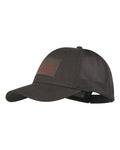 A dark gray trucker-style baseball cap with a mesh back and a rectangular front patch featuring red text #colour_shadow-brown
