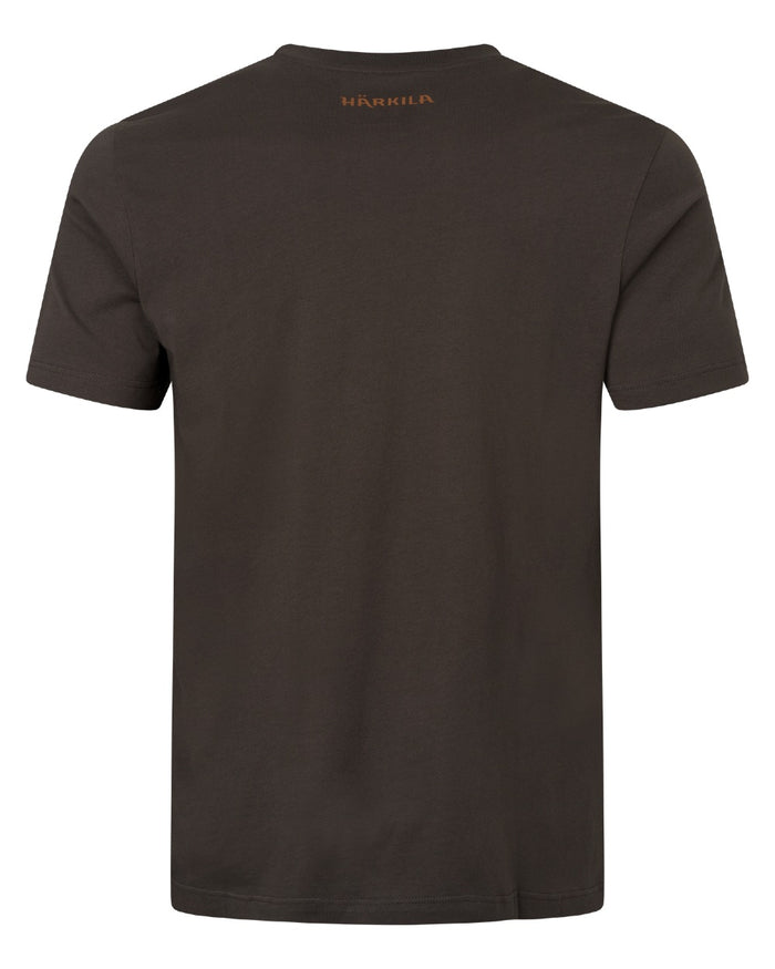 A dark brown short-sleeve crewneck t-shirt shown from the back, featuring a small gold logo printed at the inner neckline, set against a plain white background. #colour_shadow-brown