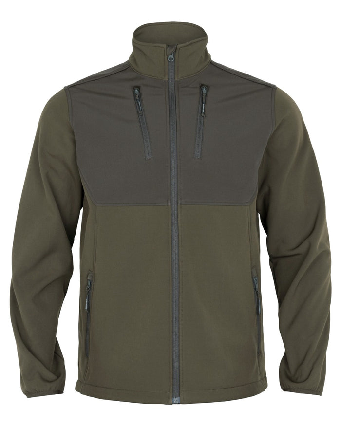 Willow Green Shadow Brown coloured Harkila Mens Scandinavian Softshell Jacket on white background #colour_willow-green-shadow-brown