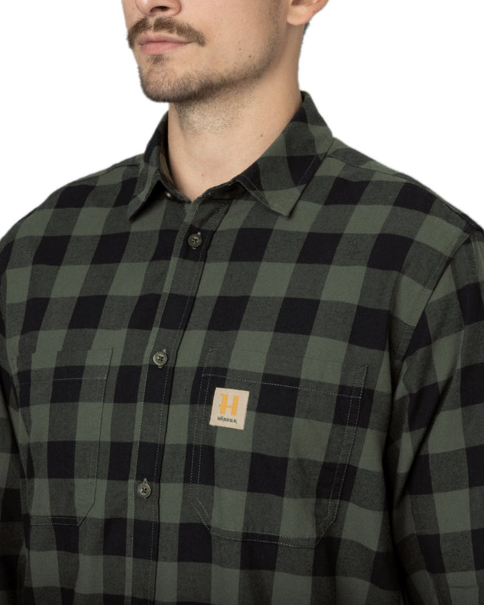 Green Check Coloured Harkila Scandinavian Long Sleeve Shirt on white background #colour_green-check