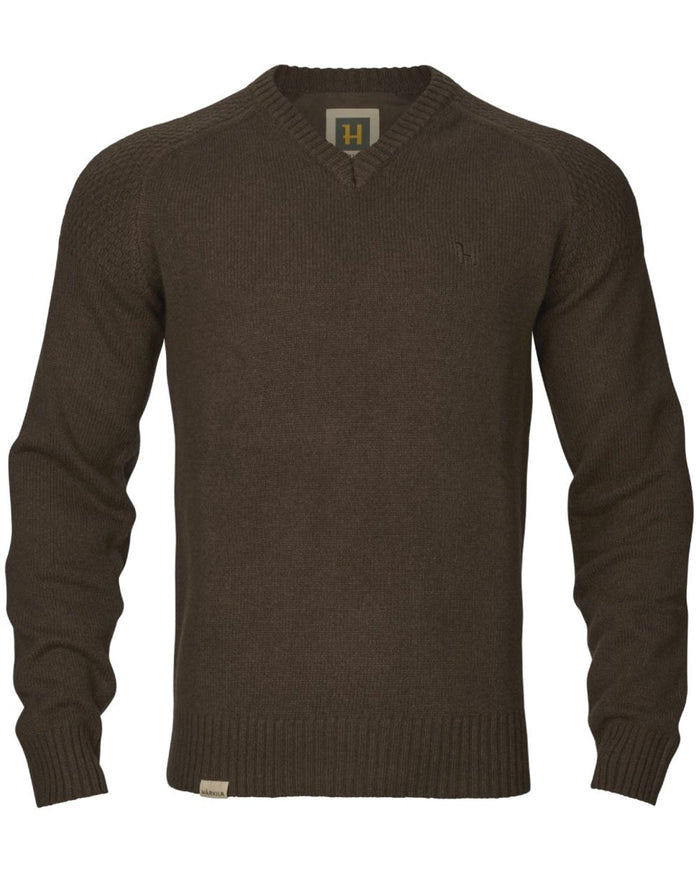 Demitasse Brown Coloured Harkila Vincent Merino V-Neck Pullover on white background #colour_demitasse-brown