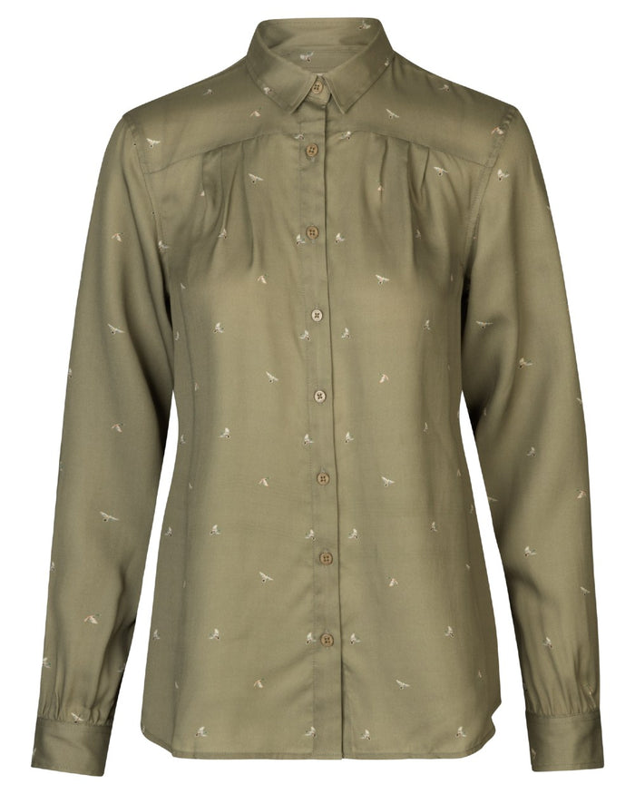 Dust Green Flying Ducks coloured Harkila Womens Abigail Long Sleeve Shirt on white background #colour_dust-green-flying-ducks