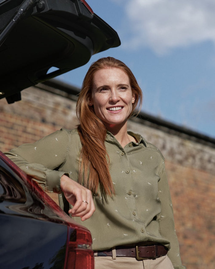 Dust Green Flying Ducks coloured Harkila Womens Abigail Long Sleeve Shirt on white background #colour_dust-green-flying-ducks