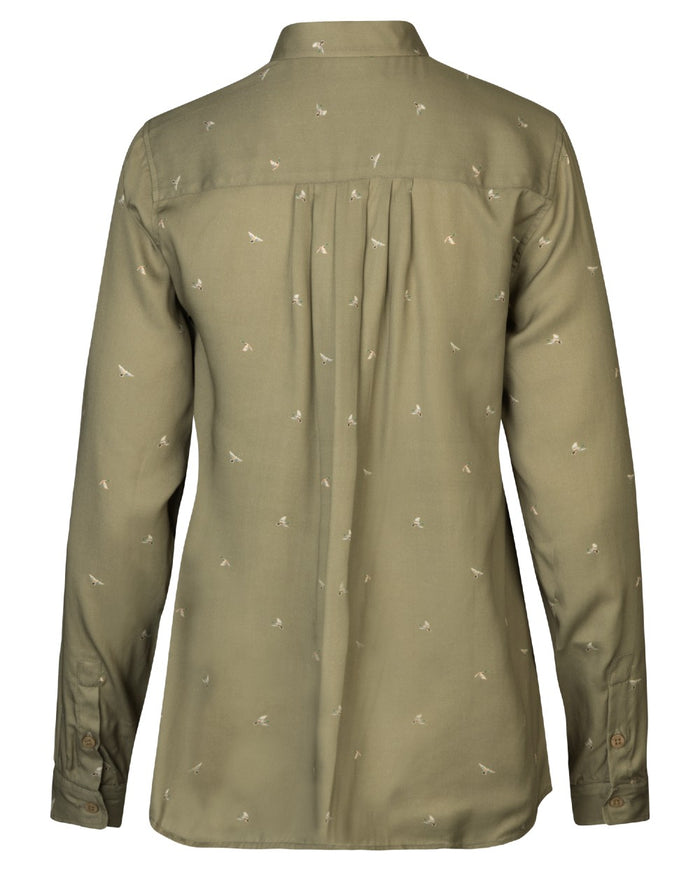 Dust Green Flying Ducks coloured Harkila Womens Abigail Long Sleeve Shirt on white background #colour_dust-green-flying-ducks