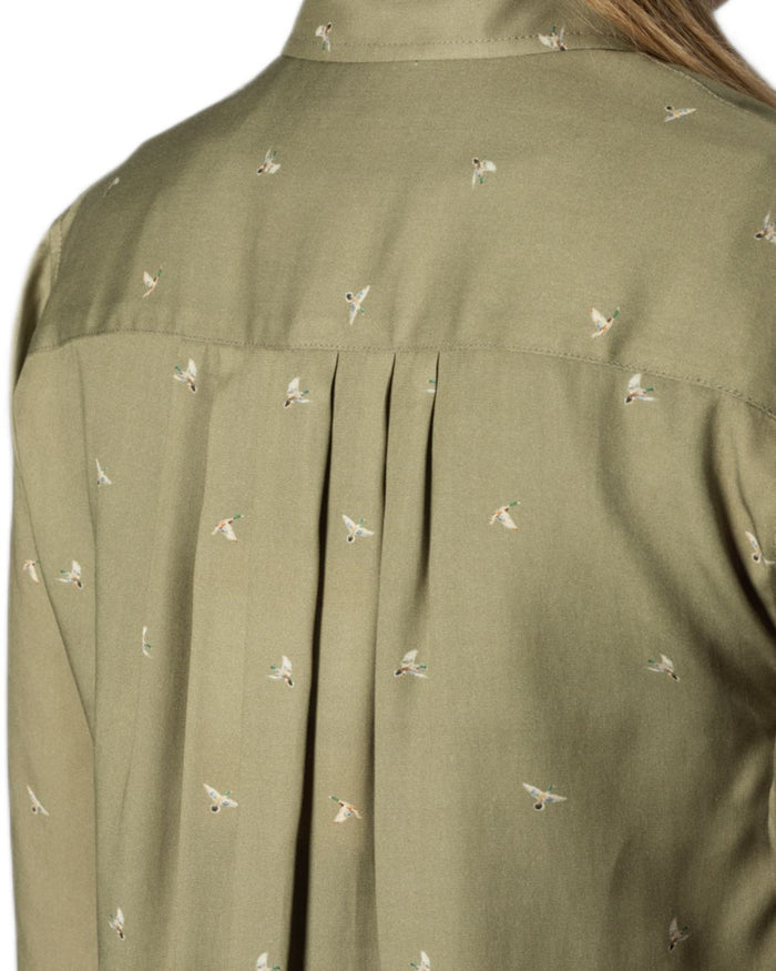 Dust Green Flying Ducks coloured Harkila Womens Abigail Long Sleeve Shirt on white background #colour_dust-green-flying-ducks