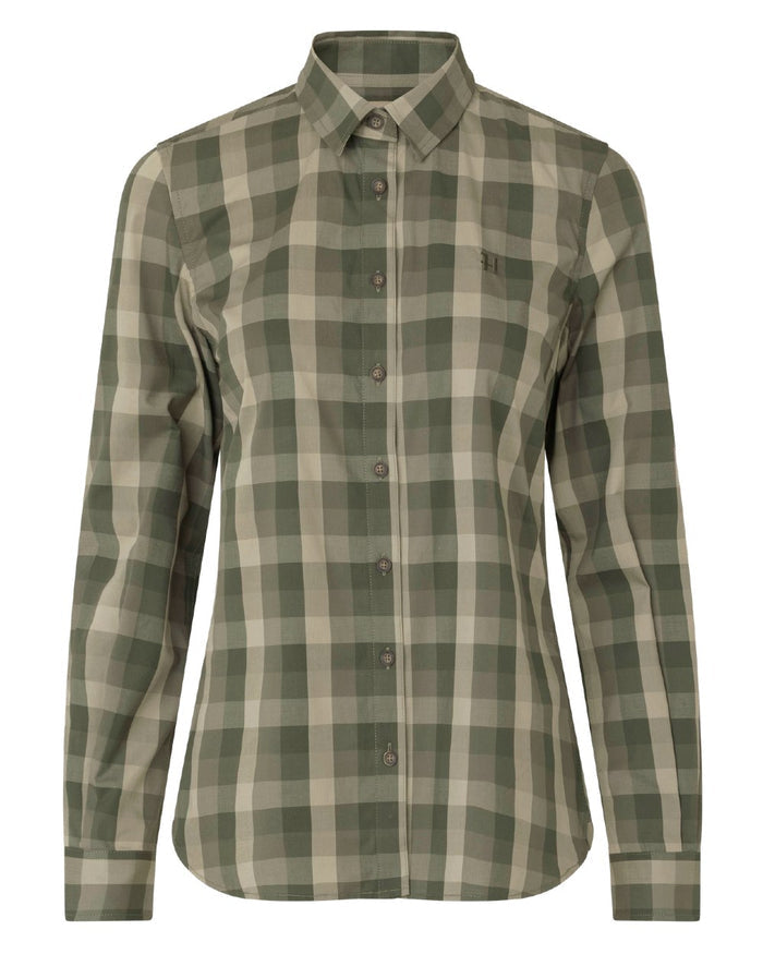 Forest Night Check coloured Harkila Womens Akeena Long Sleeve Shirt on white background #colour_forest-night-check