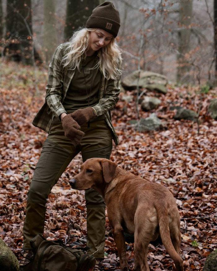 Forest Night Check coloured Harkila Womens Akeena Long Sleeve Shirt on woodland background #colour_forest-night-check