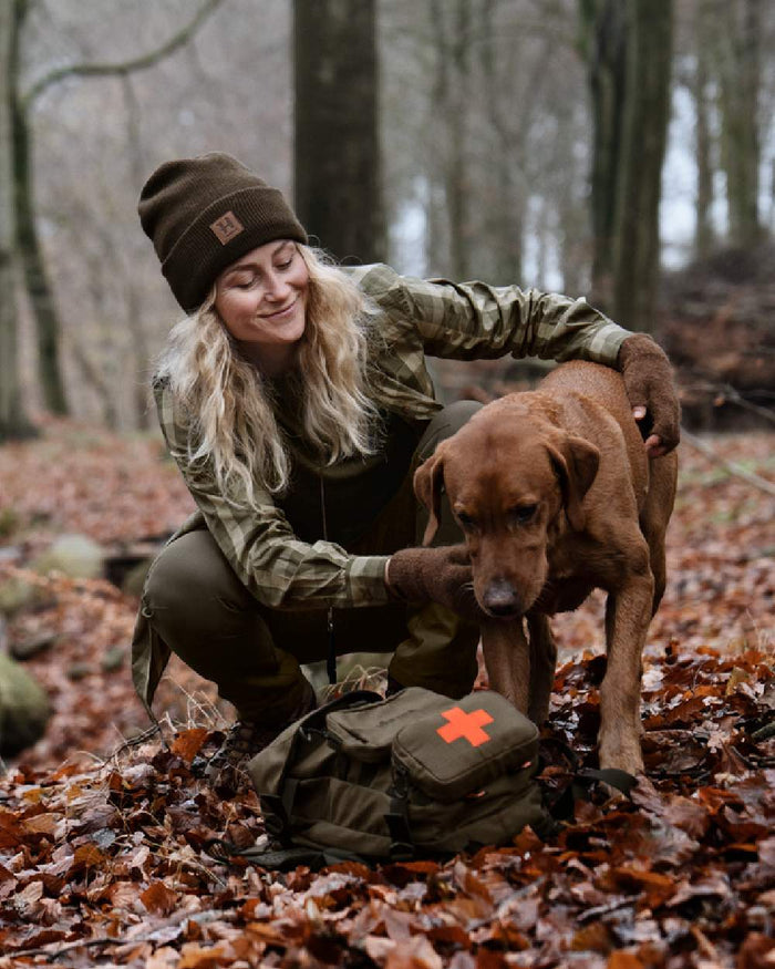 Forest Night Check coloured Harkila Womens Akeena Long Sleeve Shirt on woodland background #colour_forest-night-check
