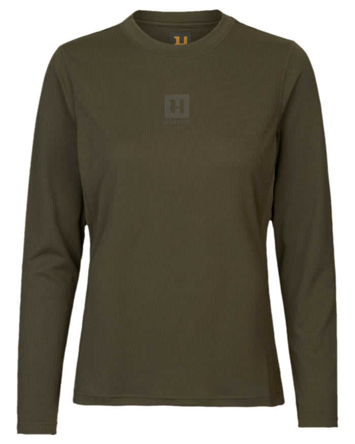 Willow Green Coloured Harkila Womens Instinct Long Sleeve T-Shirt on white background #colour_willow-green