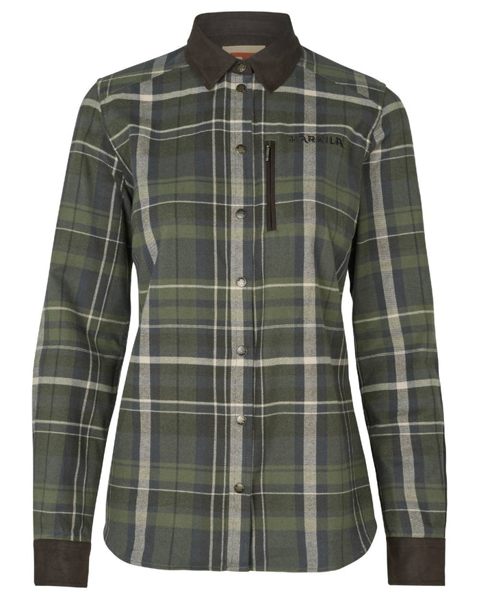 Olive Check Coloured Harkila Womens Pajala Long Sleeve Shirt on white background #colour_olive-check