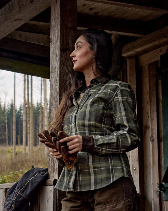Olive Check Coloured Harkila Womens Pajala Long Sleeve Shirt on outdoor background #colour_olive-check