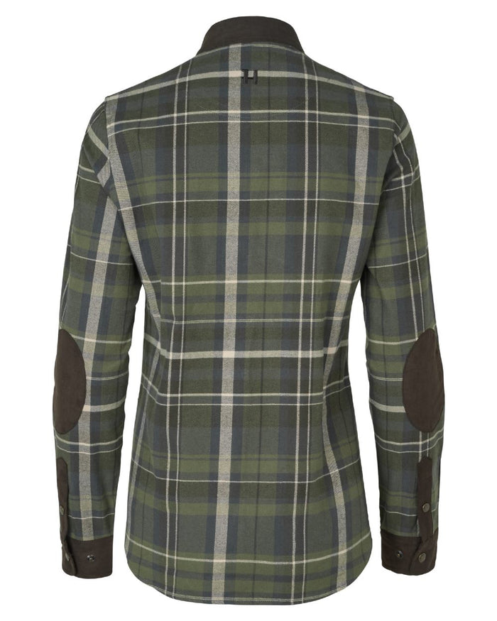 Olive Check Coloured Harkila Womens Pajala Long Sleeve Shirt on white background #colour_olive-check