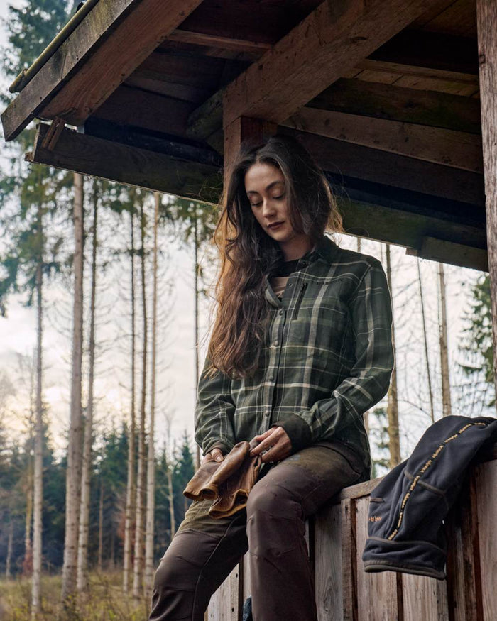 Olive Check Coloured Harkila Womens Pajala Long Sleeve Shirt on outdoor background #colour_olive-check