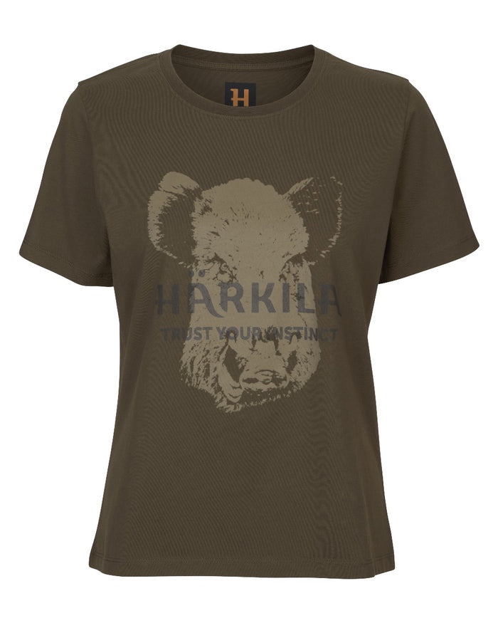 Willow Green Coloured Harkila Womens Wildboar Short Slevee T-Shirt on white background #colour_willow-green
