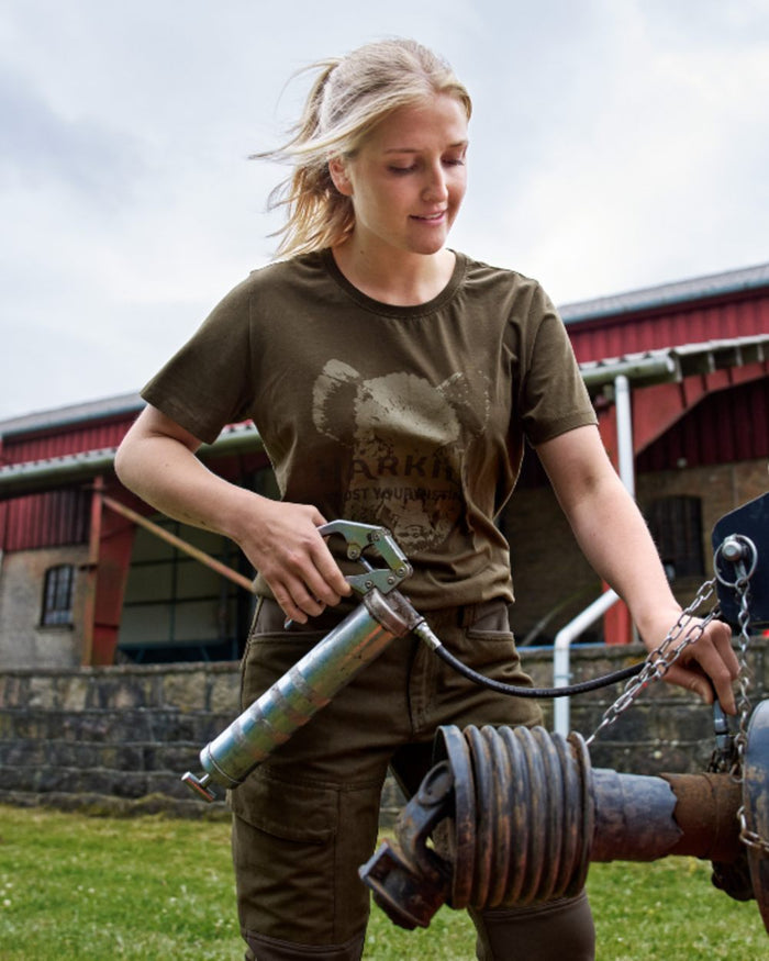 Willow Green Coloured Harkila Womens Wildboar Short Slevee T-Shirt on outdoor background #colour_willow-green