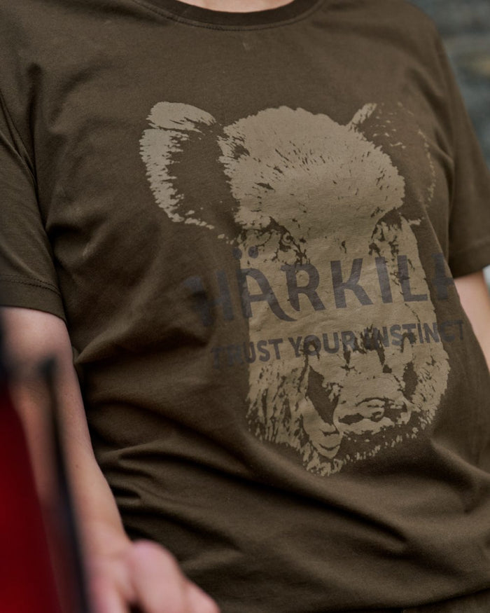 Willow Green Coloured Harkila Womens Wildboar Short Slevee T-Shirt on outdoor background #colour_willow-green