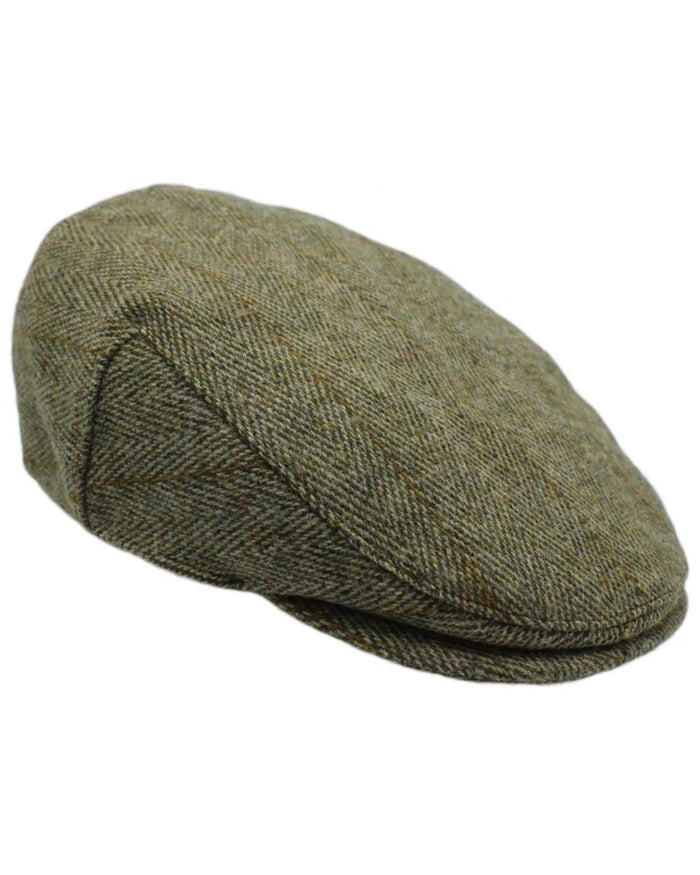 Sage Green Coloured Heather Chilton Derby Tweed Waterproof Flat Cap on white background #colour_sage-green