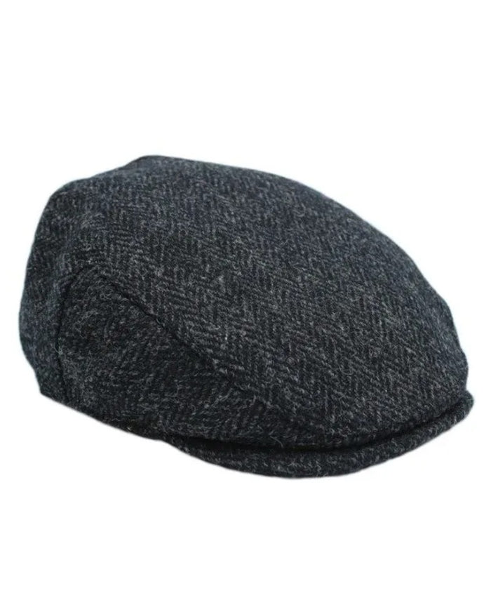 Black Herringbone coloured Heather Highland Harris Tweed Flat Cap Clearance on white background #colour_black-herringbone