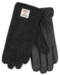 Black Herringbone Coloured Heather Mens Grant Harris Tweed And Leather Gloves on white background #colour_black-herringbone