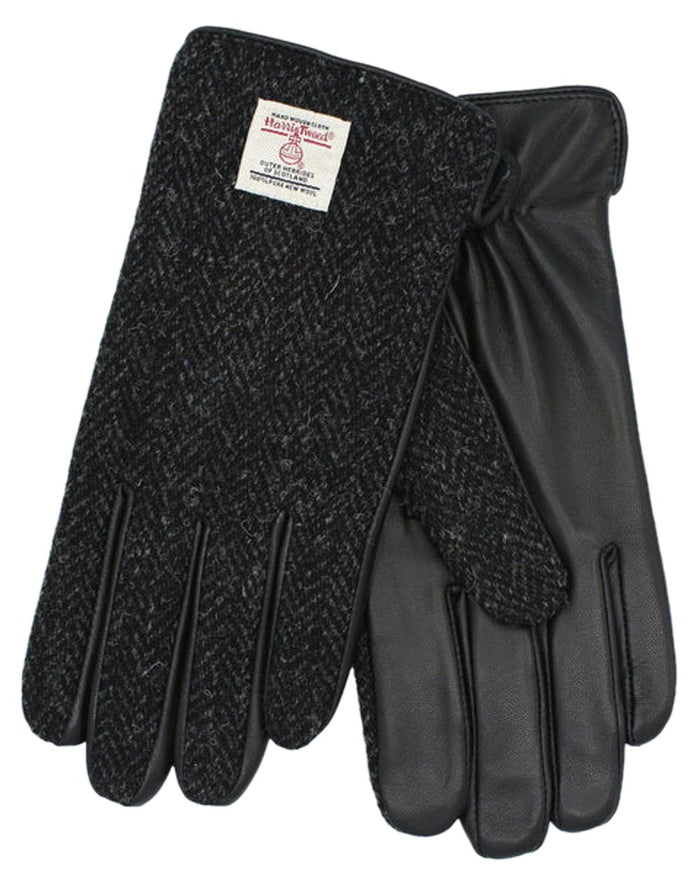 Black Herringbone Coloured Heather Mens Grant Harris Tweed And Leather Gloves on white background #colour_black-herringbone
