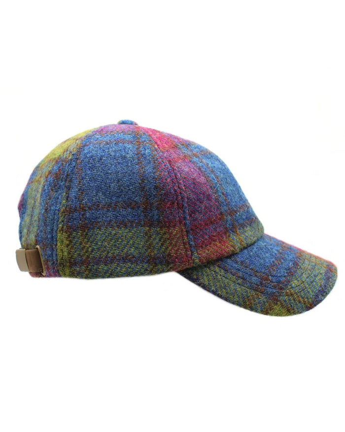 Blue Green Plum Check Coloured Heather Rannoch Harris Tweed Baseball Cap on white background #colour_blue-green-plum-check
