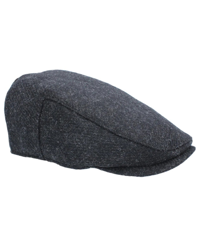 Black Coloured Heather Selby Twill Tweed Flat Cap on white background #colour_black