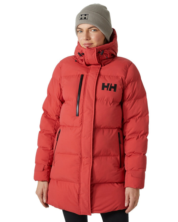 Poppy Red Helly Hansen Adore Ladies Puffy Parka on white background #colour_poppy-red