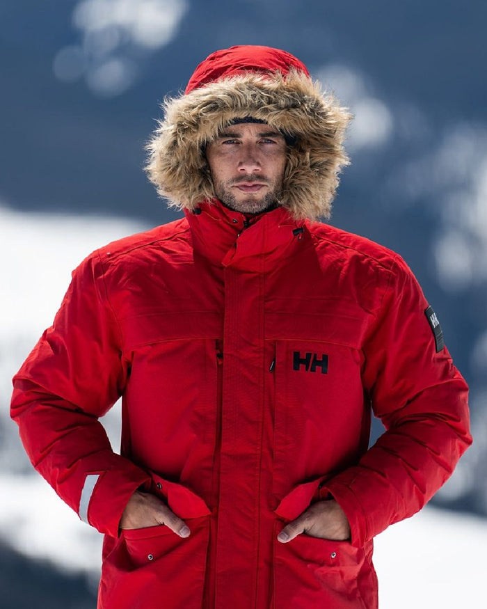 Red Coloured Helly Hansen Mens Nordsjo Winter Parka on sky background #colour_red