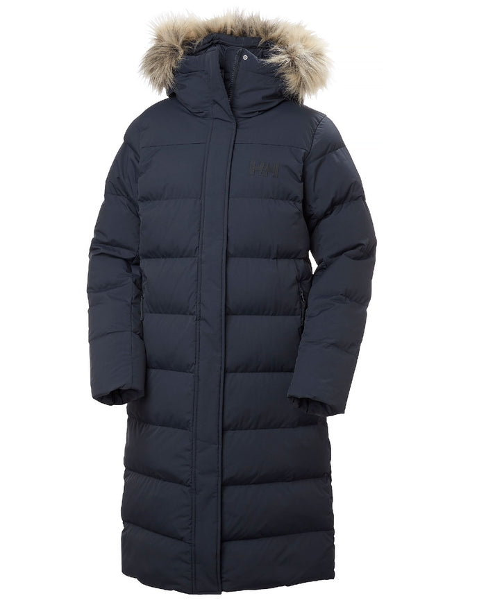 Navy Coloured Helly Hansen Womens Aria Long Parka on white background #colour_navy
