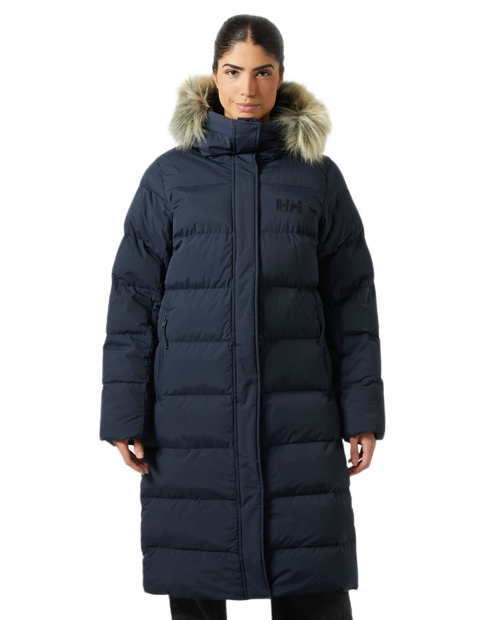Navy Coloured Helly Hansen Womens Aria Long Parka on white background #colour_navy