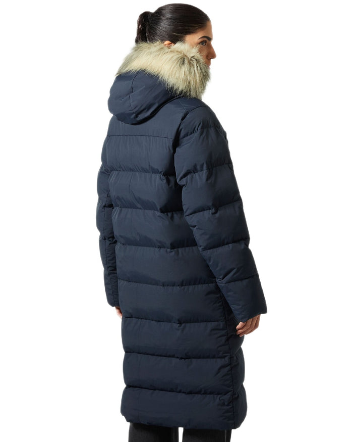 Navy Coloured Helly Hansen Womens Aria Long Parka on white background #colour_navy