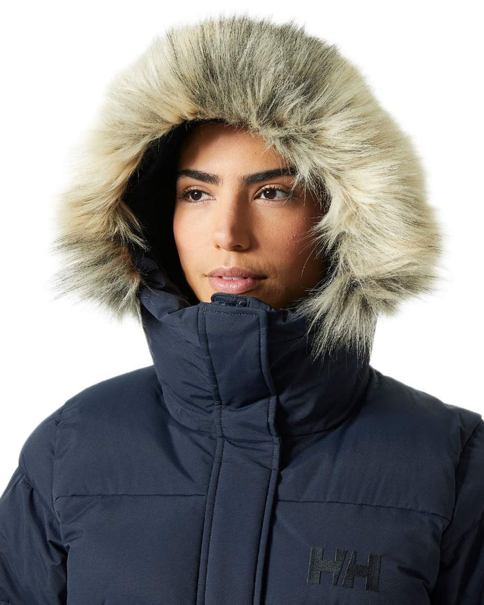 Navy Coloured Helly Hansen Womens Aria Long Parka on white background #colour_navy
