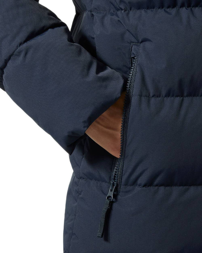 Navy Coloured Helly Hansen Womens Aria Long Parka on white background #colour_navy