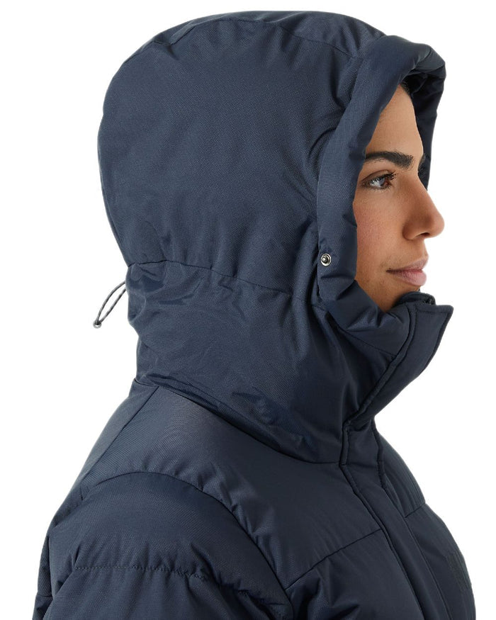 Navy Coloured Helly Hansen Womens Aria Long Parka on white background #colour_navy