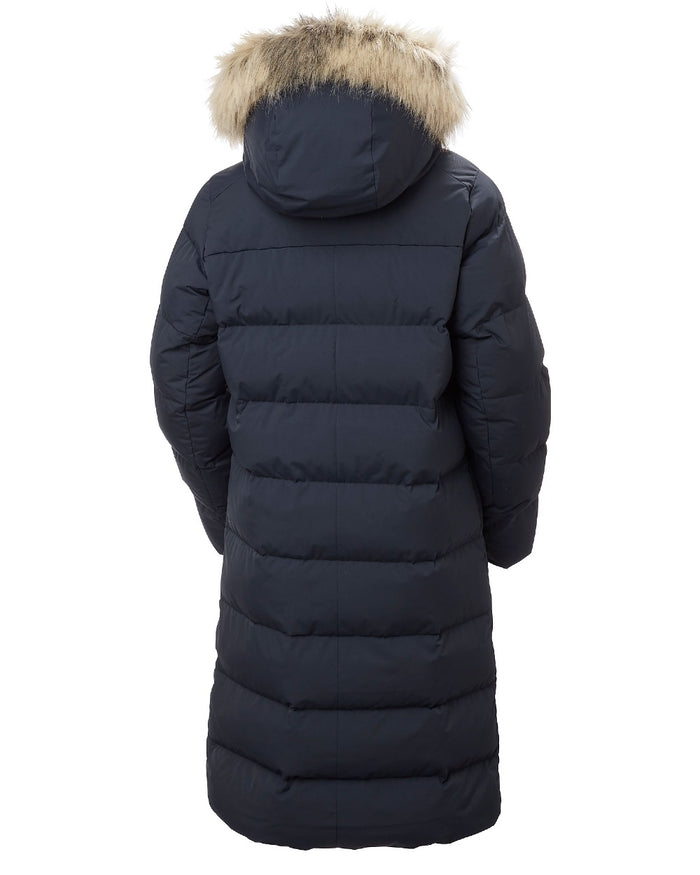 Navy Coloured Helly Hansen Womens Aria Long Parka on white background #colour_navy