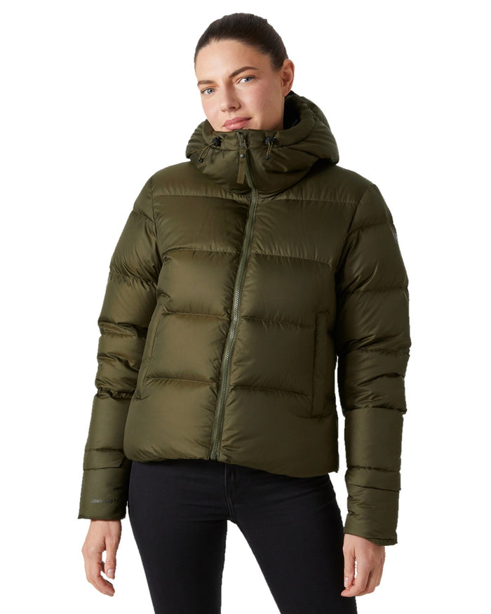 Utility Green Coloured Helly Hansen Womens Essence Down Jacket on white background #colour_utility-green